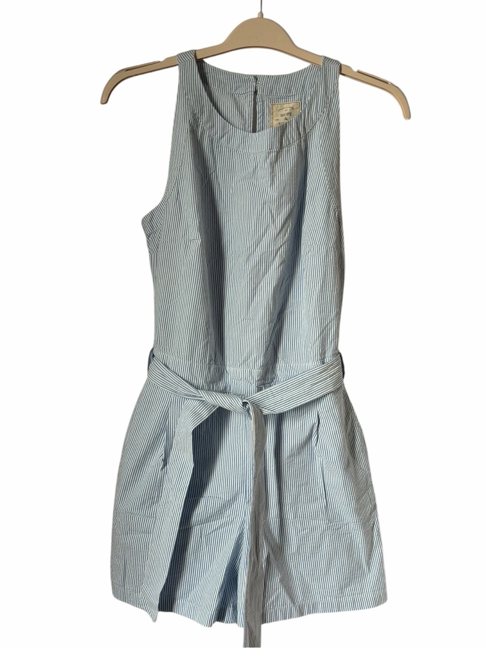 Hope & Henry Light Blue Striped 100% Organic Cotton Jumpsuit Romper Waist Tie